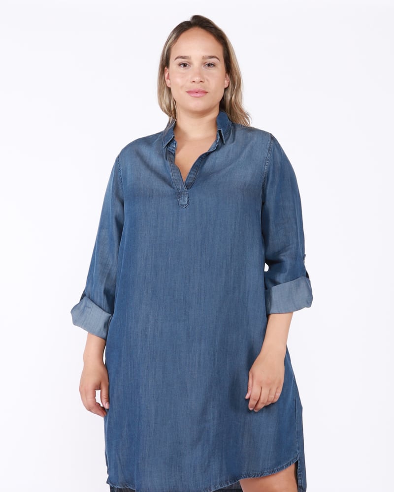 Front of a model wearing a size 0X Nyomi A-Line Tencel Dress in Medium Wash by DEX PLUS. | dia_product_style_image_id:235516